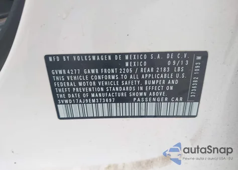 2014 Volkswagen Jetta 1.8T Se z USA, uszkodzony, nr VIN 3VWD17AJ9EM373697